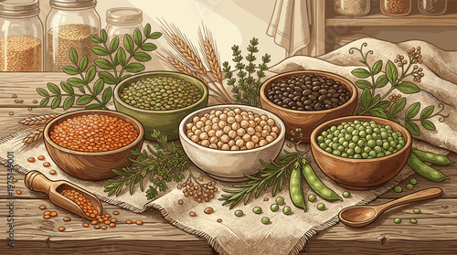 Hand-drawn still life of healthy legumes and grains. This charming, rustic image is ideal for food blogs, vegan content, and natural product packaging.