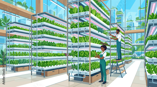 Illustration of diverse farmers in a futuristic vertical farm. Hydroponic racks with LED lights grow fresh produce. Concept for sustainability, urban agriculture, and food tech.