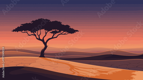 A stylized vector illustration of a lone acacia tree in a dry, cracked desert at sunset. Evokes a sense of solitude and natural beauty. Perfect for travel or environmental themes.