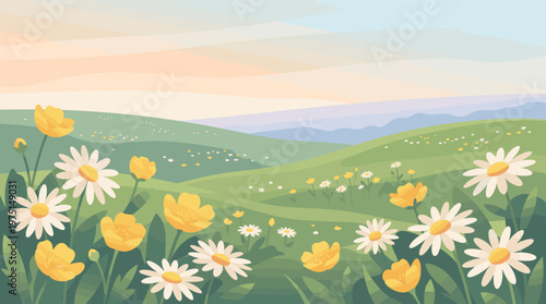 Vector illustration of a tranquil spring meadow with blooming daisies and buttercups. Rolling green hills under a pastel sky. Ideal for backgrounds, cards, and seasonal designs.
