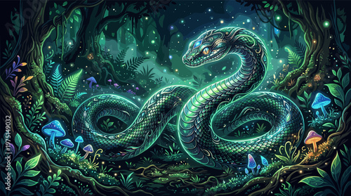 A radiant mythical snake coils in a magical night forest. Glowing mushrooms and fireflies create an enchanting, spiritual atmosphere. Perfect for fantasy, gaming, or mythology.