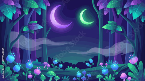 A magical night forest with two glowing moons, mystical flowers, and mushrooms. Vector landscape for fantasy, fairytale, or meditation themes. Dreamy and enchanting backdrop.