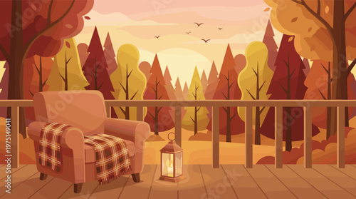 Cozy armchair with a plaid blanket on a wooden terrace overlooking a warm autumn forest at sunset. Perfect for relaxation, seasonal, or hygge lifestyle concepts. Vector.