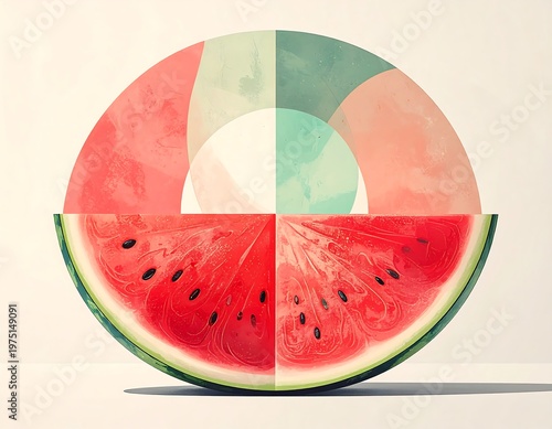 A vibrant watermelon slice rests below a segmented abstract circle with color variations. Clean background, showcasing freshness