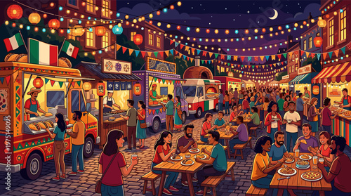 Vibrant illustration of a diverse crowd at a multicultural night food festival. People enjoy international cuisine from food trucks under festive lights. For community events.