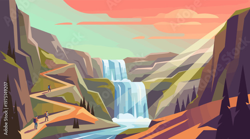 Vector illustration of a mountain landscape with a waterfall and hikers. Inspiring scene for travel, adventure, and exploration concepts. Perfect for web banners and posters.