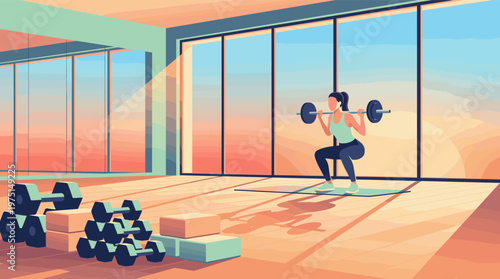 Illustration of a fit woman doing barbell squats in a modern gym with large windows during sunrise. Inspiring fitness, strength training and healthy lifestyle concept.