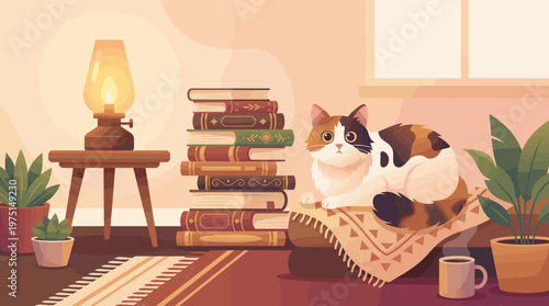 A cute calico cat relaxes in a cozy room with books, a warm lamp, and plants. This charming vector illustration evokes comfort, study, and quiet evenings at home.