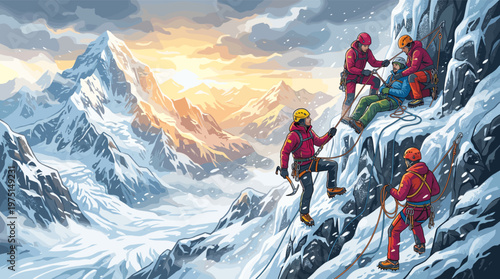 Illustration of a mountain rescue team helping an injured climber on a snowy peak. Conveys teamwork, support, and overcoming challenges. Ideal for corporate and motivational concepts.