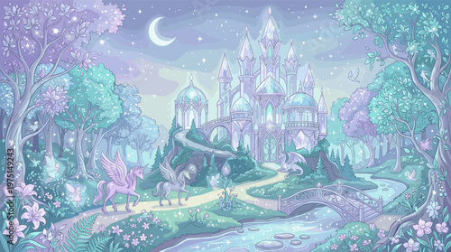 A fantasy illustration of an enchanted forest at night. Unicorns, fairies, and a dragon inhabit a magical kingdom with a glowing crystal castle. Perfect for fairytale themes.