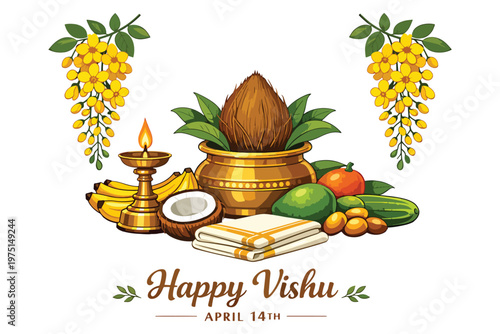 Happy Vishu Kani: Traditional Kerala Festival Arrangement With Lamp, Coconut, Fruits and Flowers