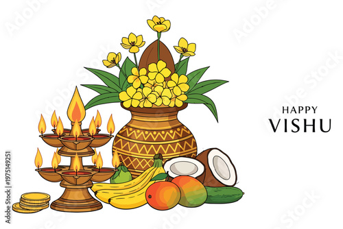 Happy Vishu Kani Arrangement With Traditional Lamp, Fruit Offering, Coconut and Floral Pot