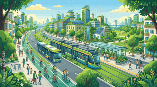 Illustration of a futuristic green city with sustainable transport like trams and bikes. People enjoy a healthy lifestyle amid green buildings with solar panels and wind turbines.