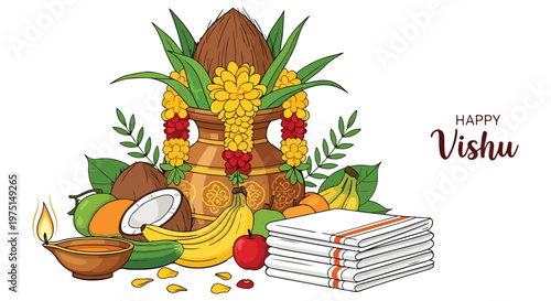 Vishu Kani Arrangement With Coconut, Bananas, Flowers, Lamp and Traditional Kerala Cloth for Vishu Festival