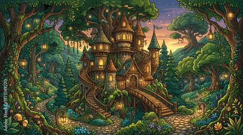 A magical fairytale castle in a giant tree, nestled in a lush forest at twilight. Glowing lanterns create a warm, whimsical mood. Perfect for fantasy or game backgrounds.