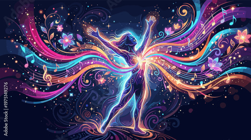 An ethereal woman explodes with colorful swirls, musical notes, and glowing flowers. This abstract art represents joy, creative energy, freedom, and spiritual awakening.