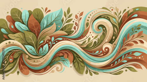 Elegant abstract background with flowing organic leaves and swirls in an earthy color palette. Ideal for wellness branding, eco-friendly design, websites, or elegant invitations.