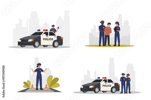Police officers at work in different situations. llustration set about police. Regulate traffic, patrol city, arrest criminals.