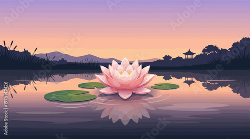 A tranquil vector illustration of a pink lotus flower on a calm pond at sunset. Serene Asian landscape with pagoda silhouette. Ideal for meditation, yoga, and wellness.