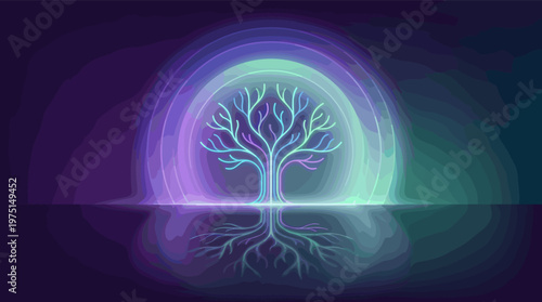 A magical, glowing Tree of Life illustration with a mirror reflection. Luminous neon colors create a spiritual, futuristic, and serene mood. Ideal for wellness or tech themes.