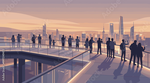 Silhouettes of tourists on a skyscraper observation deck watch a beautiful sunset over a modern city. Vector illustration for travel, urban, and technology concepts.