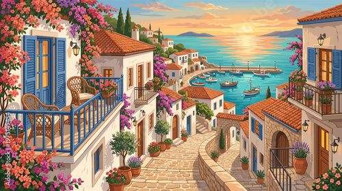 A beautiful illustration of a charming Mediterranean seaside town at sunset. Features white houses, colorful flowers, and a tranquil harbor. Perfect for travel or lifestyle concepts.