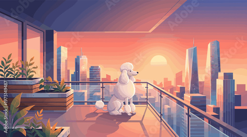 A calm poodle on a high-rise balcony looks at the city skyline during a warm sunset. Serene illustration of urban pet life, solitude, and peaceful city living.