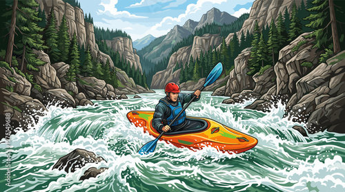 A dynamic illustration of a man navigating thrilling whitewater rapids in a kayak. Set in a majestic mountain canyon, this image evokes adventure, excitement, and outdoor sport.