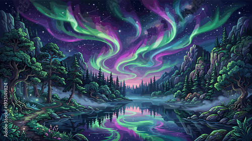 A magical illustration of the northern lights over a calm lake and forest. This vibrant, serene landscape is perfect for backgrounds, travel concepts, or fantasy art.