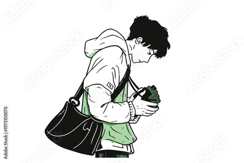 A young photographer holds a camera, checking the equipment