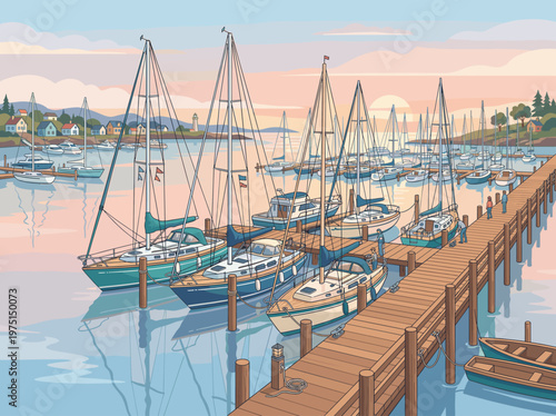 An illustration of a tranquil harbor filled with sailboats docked at a wooden pier during a beautiful sunset. Perfect for travel, leisure, or coastal lifestyle themes.