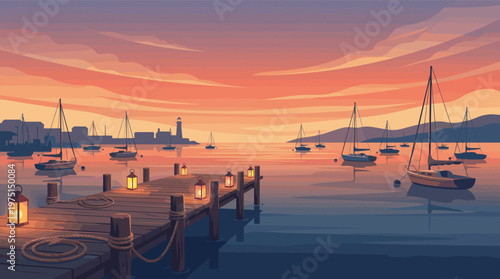 A beautiful vector illustration of a tranquil harbor at sunset. A wooden pier with glowing lanterns leads to calm waters with sailboats. Perfect for travel or relaxation concepts.