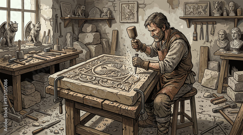 Illustration of a skilled artisan stonemason carving an ornate stone relief in a traditional workshop. A concept for craftsmanship, dedication, skill, and heritage.