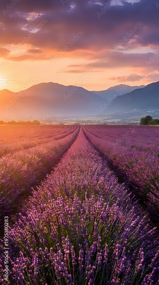 Obraz premium Lavender field rows stretching toward mountains at golden hour sunset with dramatic purple and orange sky creating peaceful agricultural landscape.