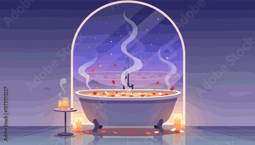 A steaming bathtub with flower petals, lit by candles in a serene bathroom at night. Ideal for spa, wellness, self-care, and relaxation concepts. Flat vector illustration.