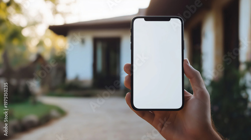 Hand holding smartphone outdoors near house