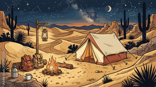 Illustrated scene of a peaceful night camp in the desert. A glowing tent and bonfire under the Milky Way and crescent moon. Evokes adventure, solitude, and exploration.