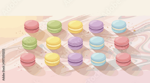 Vector illustration of colorful pastel macarons in rows. A sweet and cheerful design perfect for bakery branding, dessert menus, party invitations, or food blogs.