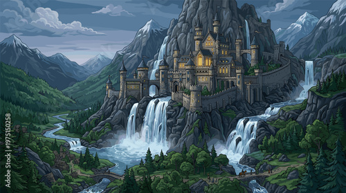 An epic illustration of a medieval fantasy castle in a mountain valley with waterfalls. Ideal for book covers, game backgrounds, and fantasy-themed projects.