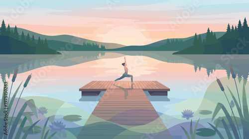 Illustration of a woman in warrior yoga pose on a dock at dawn. Peaceful nature scene for wellness, mindfulness, and relaxation concepts. Flat vector style illustration.