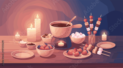 A romantic and cozy illustration of a chocolate fondue table with strawberries, marshmallows, and candles. Perfect for Valentine's Day, date night, or dessert party themes.