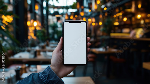 Hand holding smartphone with blank screen in cozy cafe ambiance