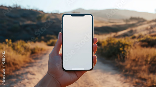 Male hand holding smartphone with blank screen in nature trail setting