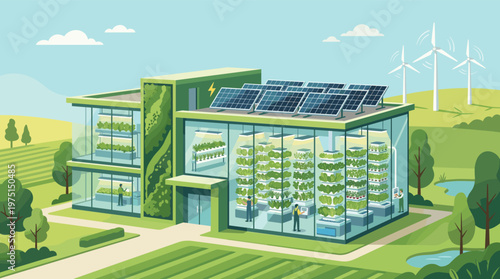 Vector graphic of a smart farm with solar panels and wind turbines. Concept for AgriTech, sustainability, future food production, and eco-friendly technology.