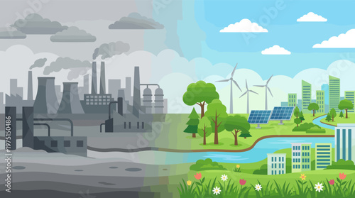 Vector illustration contrasting polluted industrial landscape with a clean, green city. Concept for ecology, climate change, renewable energy, and environmental protection.