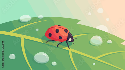 A charming vector illustration of a red ladybug on a vibrant green leaf covered in morning dew. Ideal for nature, children's books, or environmental themes.