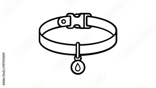 Pet collar vector icon illustration with buckle and identification tag for dog or cat grooming, animal care, and pet shop branding, featuring clean black line art on a white background.
