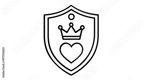 Premium Pet Care Protection Vector Icon Illustration Featuring a Shield with a Crown and Heart Symbol, Minimalist Line Art Design for Animal Safety, Insurance, and Quality Veterinary Services.