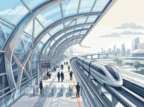 Illustration of a futuristic train station with a high-speed train. People commute on the platform under a glass roof with a city background. Ideal for tech and transport concepts.