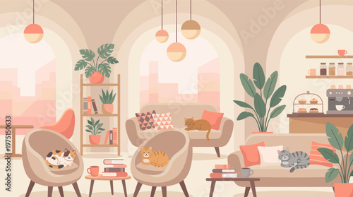 A cozy cat cafe illustration with cute pets sleeping on furniture. Warm, relaxing interior scene perfect for pet-friendly business, blogs, and hygge lifestyle concepts.